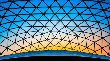 Fototapeta premium Geometric Glass Dome Interior With Triangle Grid And Sunset Sky Background