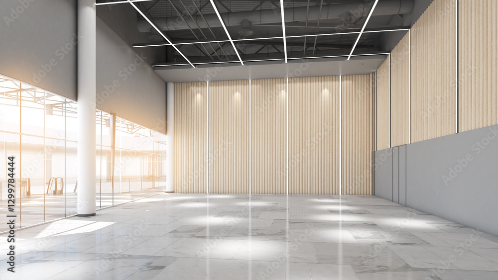 Poster enormous white hall with exterior lighting large internal architecture white open space, 3d renderin