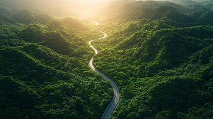 Winding Road Through Lush Mountains at Sunrise Nature Landscape Photography Serene Viewpoint