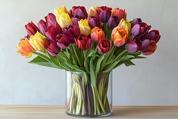Vibrant bouquet of multicolored tulips in a clear glass vase, showcasing a delightful array of colors and textures.