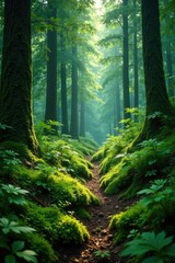 Obraz premium Forest undergrowth thick with green moss and ferns, Ferns, Floor