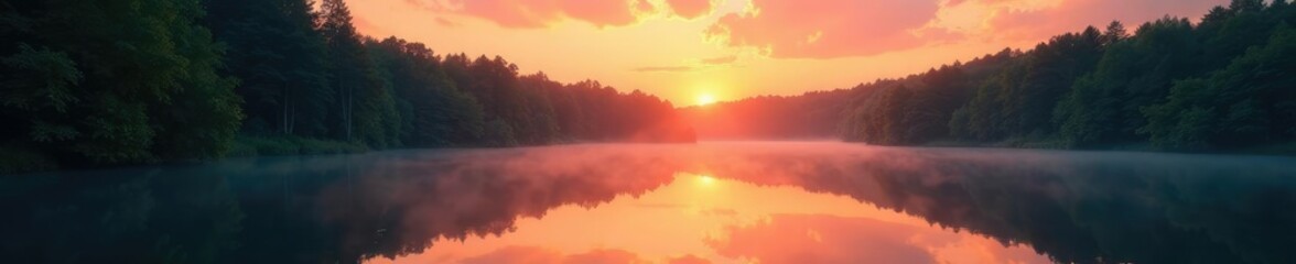 Forest trees reflected in calm lake water during sunset, tranquility, peaceful, forest