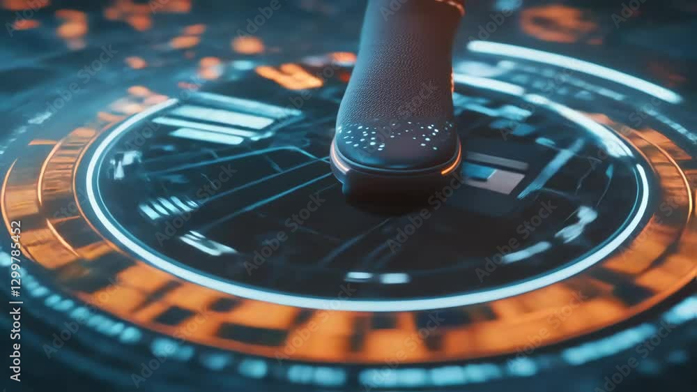 Poster futuristic footwear activates a glowing circular interface, triggering data streams and illuminating