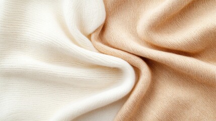 Textile minimalist concept. A soft fabric with cream and golden hues, elegantly draped to showcase its smooth texture and luxurious appearance.