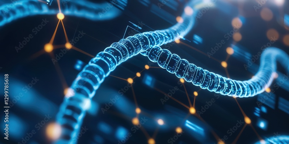 Poster biotechnology and genomics concept. abstract digital representation of interconnected strands resemb