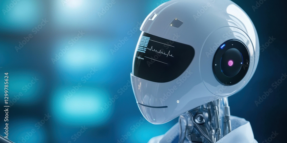 Poster artificial intelligence in healthcare concept. futuristic robot head with heartbeat graph display.