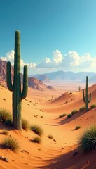 Desert landscape background with sandy dunes and cacti effect, vast, arid