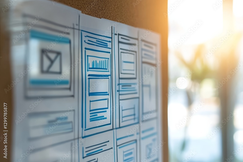 Poster design process blueprint with wireframe concepts on cork board