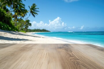Fototapeta premium Serene tropical beach scene with white sand, turquoise water, and palm trees; idyllic summer vacation.