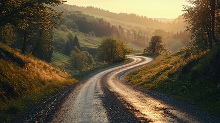 Obraz premium Winding Country Road at Sunset Scenic Landscape Nature Photography Peaceful Environment