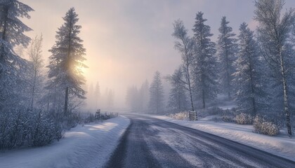 Serene Winter Sunrise on a Snow Covered Road Through a Misty Forest