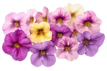 A detailed and clear image of calibrachoa flowers, showing off the delicate petals and variety of hues, isolated on a white background for floral enthusiasts.