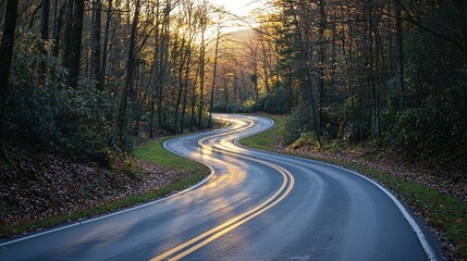 Fototapeta premium Winding Scenic Road Amidst Autumn Trees Nature Landscape Photography Serene Environment