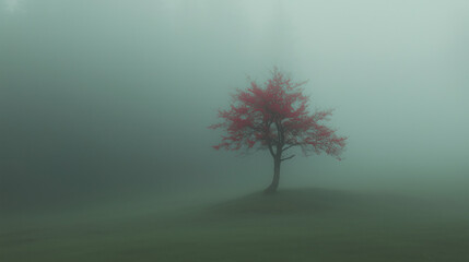 Lone red tree in foggy landscape