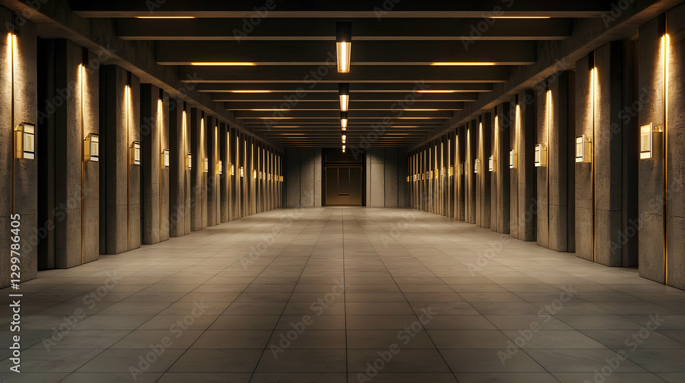 Poster long concrete corridor illuminated by warm light from ceiling fixtures creating a symmetrical perspe