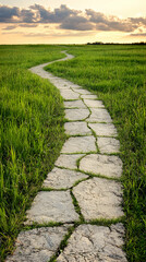 Obraz premium Winding Stone Path Through Green Summer Field at Sunset