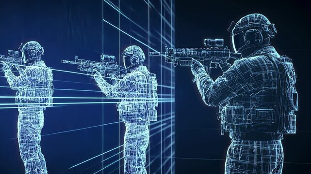 Digital Illustration of Soldier in Tactical Gear Aiming Rifle with Futuristic Holographic Design in Virtual Reality Environment Showcasing Advanced Technology and Modern Warfare Concepts