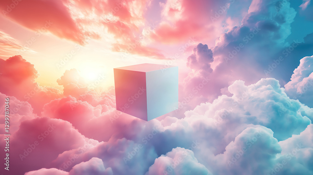 Poster pastel-colored clouds envelop a floating white cube, crafting a serene and whimsical abstract scene