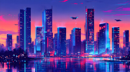 Fototapeta premium A vibrant cityscape with neon lights reflecting on the water below