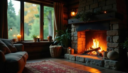 Cozy fireplace crackles softly in small cottage, fire, forest, rustic