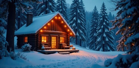 Cozy cabin with twinkling lights in winter forest, fireplace, evergreen, christmas tree