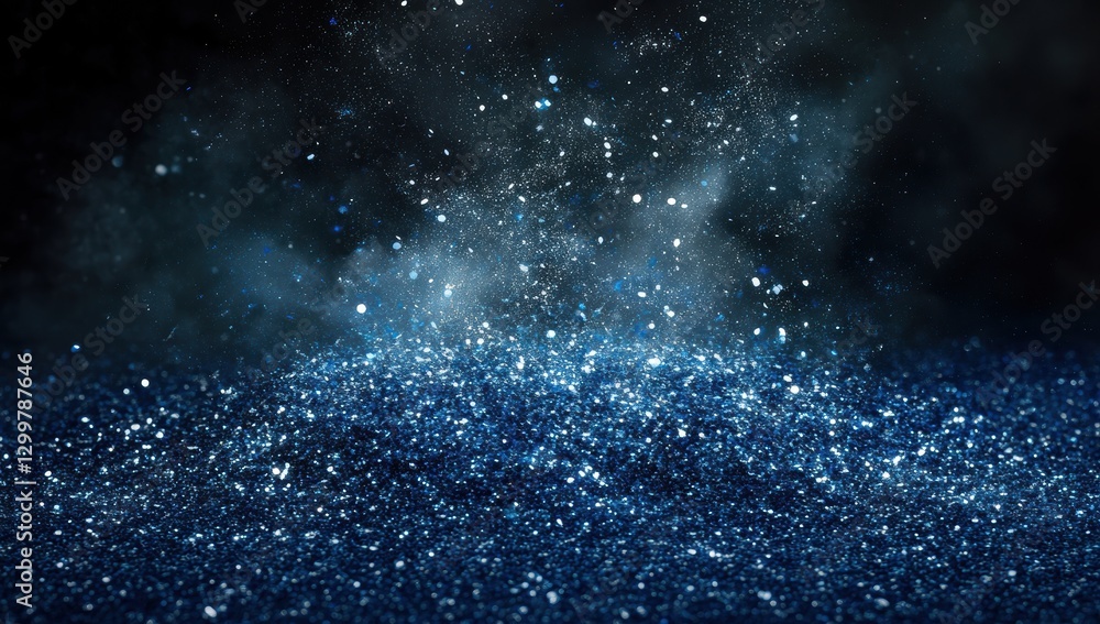 Poster sparkling blue particles rising against dark background in colorful abstract scene of glittering dus