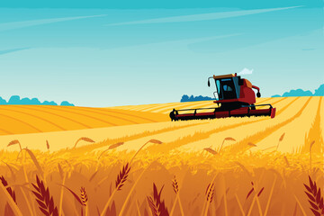 A sleek, modern combine harvester harvests a vast, golden wheat field under a bright sun.  The scene emphasizes scale and efficiency.