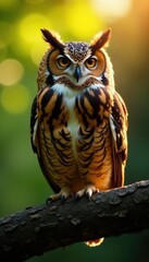 Obraz premium An owl's feathers glistening in sunlight as it perches on a tree limb, nature, shine