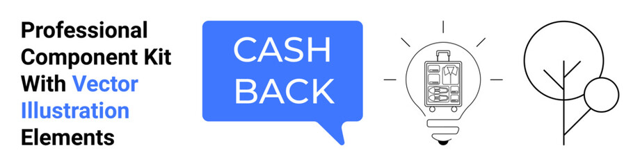 Cashback speech bubble, lightbulb design incorporating mobile interface, minimalistic tree line artwork. Ideal for finance, innovation, sustainability, apps, creativity, education flat landing page