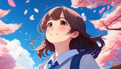 青空に桜舞う春の入学シーズンの背景と制服を着た新入生の女子高校生のイラスト。AIで生成
