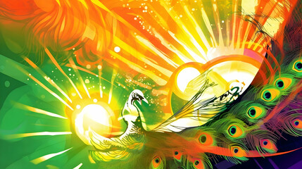 Obraz premium An abstract illustration of a peacock against a burst of sunlight in shades of yellow, orange, and green