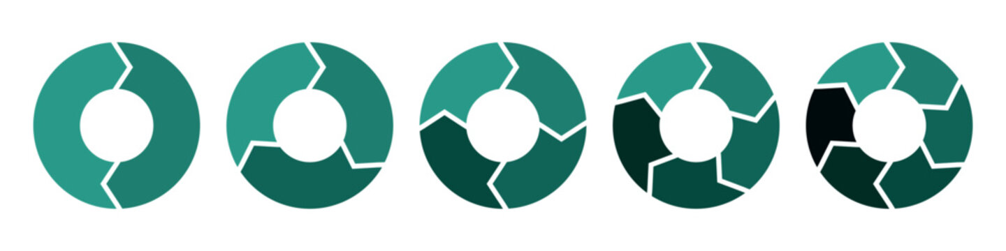 Green circle transition stages. Diagram infographic set. Rotation cycle vector 2, 3, 4, 5, 6, parts. Change and flow concept
