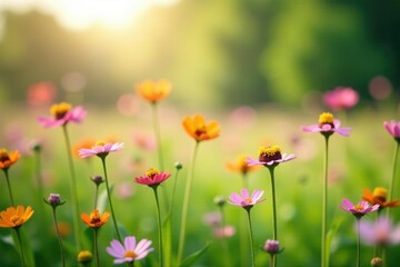 Obraz premium A field of wildflowers swaying gently in the breeze, blossoms, nature, soft focus