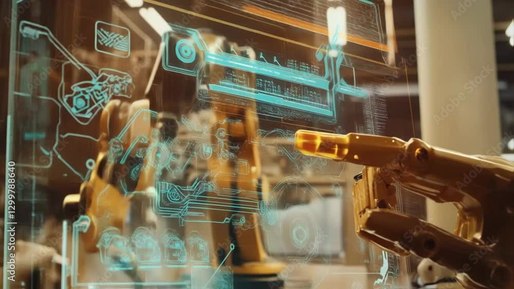 Poster robotic arm interacts with a futuristic transparent display, navigating through holographic menus an
