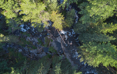 Aerial drone photo of Altai river Upper Kulash. Camera looks down.