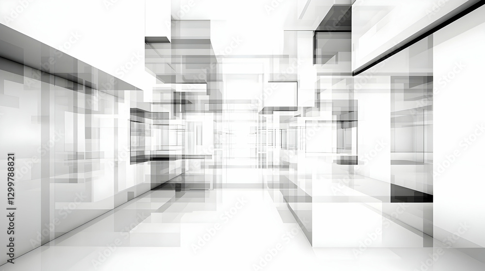 Poster abstract architectural design featuring geometric white structure and interior perspective