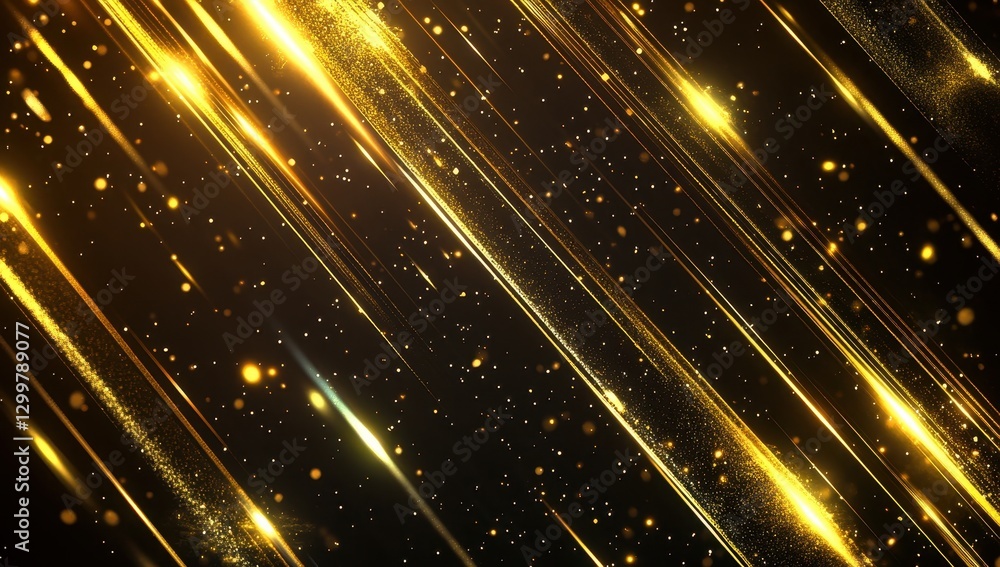 Poster striking golden light beams and sparkling particles creating a dynamic abstract background for luxur