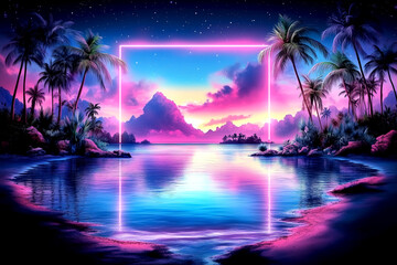 Fototapeta premium Neon green frame surrounds a beautiful blue ocean with palm trees in the background. The frame is glowing and gives the impression of a tropical paradise