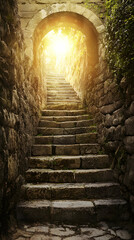 Stone Steps Leading to Bright Light Through Ancient Archway
