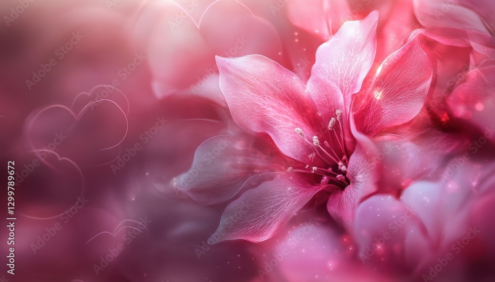 Poster close-up of a delicate pink flower with dew drops and soft background