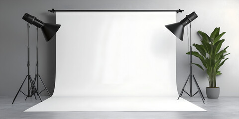 Professional Studio Setup with Seamless White Backdrop and Soft Lighting