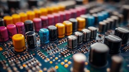 Close-up of colorful capacitors on a circuit board.