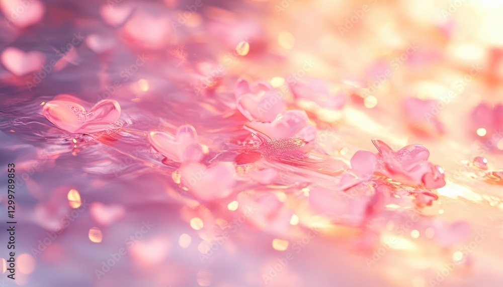 Poster dreamy pink petals floating on water with soft glow and sparkles