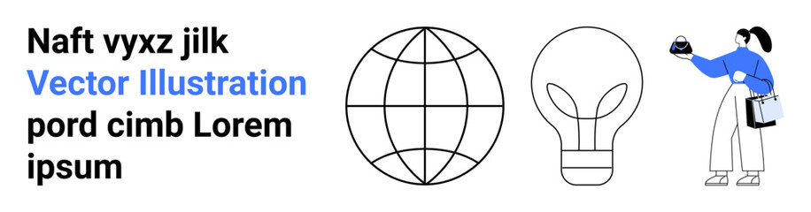 Globe symbolizes connectivity, lightbulb represents innovation, individual holding object suggests interaction and ideas. Ideal for team collaboration, creative thinking, education, global topics