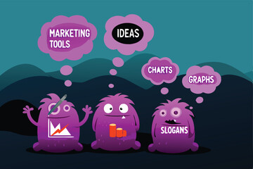 A team of friendly, diverse monsters brainstorm innovative ideas, depicted with vibrant thought bubbles above their heads.  Illustrate a creative, collaborative atmosphere.