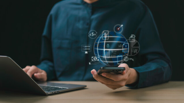 Online banking, digital payment, electronic transaction, and financial technology concept. A woman making an e-payment through mobile banking, utilizing financial technology, and currency exchange.