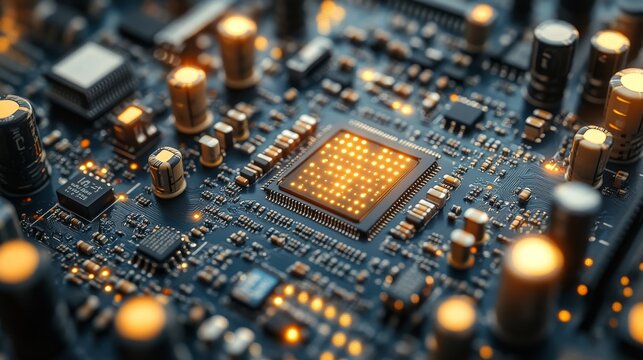 Close-up of illuminated microprocessor on circuit board.