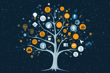 Fototapeta premium A digital illustration of a tree representing an internship journey, with icons of training, practice, and mentoring flourishing on the branches.