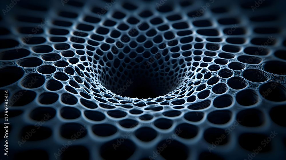 Poster abstract blue geometric tunnel with grid structure and black hole background