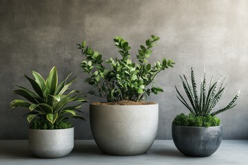 Fototapeta premium A stylish set of contemporary potted plants with concrete textures, perfect for a clean and sophisticated look.